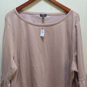 Talbots Blouse Womens Plus 3X Beige Scoop Neck 3/4 Bell Sleeve Polka Dot Top